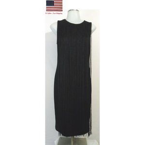 Neiman Marcus Black Dress Fringe Tassel Overlay Bodycon Midi Sz 6